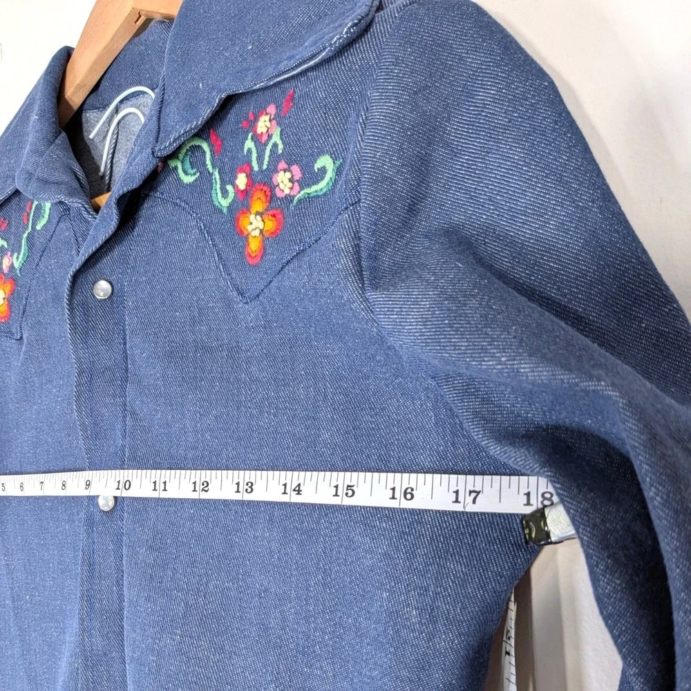 Handmade Vintage Western Shirt; Embroidered Floral Denim Snap Front Shirt